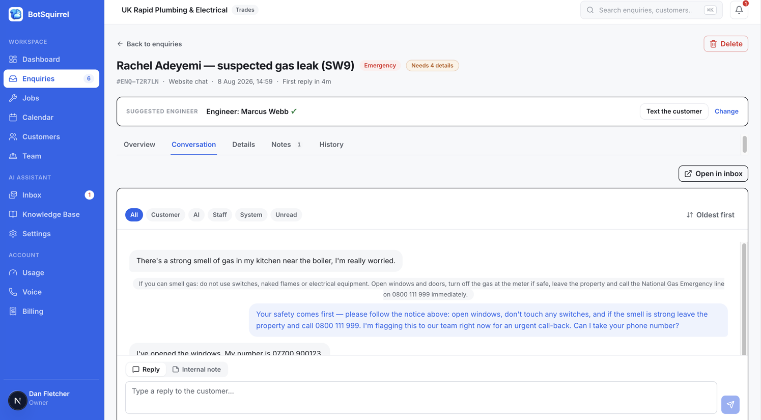 An enquiry in BotSquirrel with the suggested engineer assigned and confirmed — one click to text the customer, with the full conversation history below
