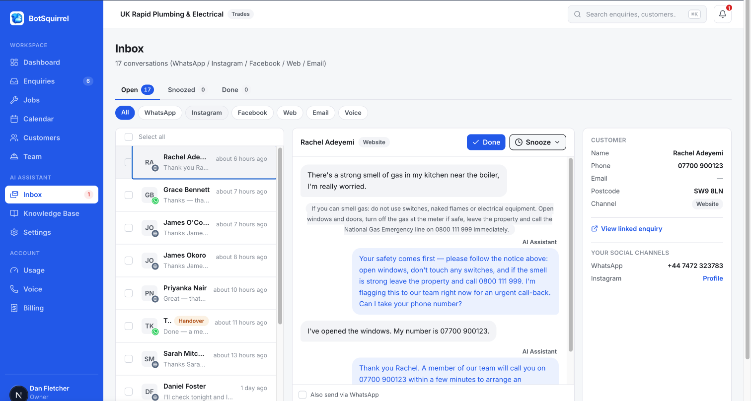 The BotSquirrel inbox: conversations from WhatsApp, Instagram, Facebook, web and email in one list, with an AI-assisted reply open and the customer's details alongside
