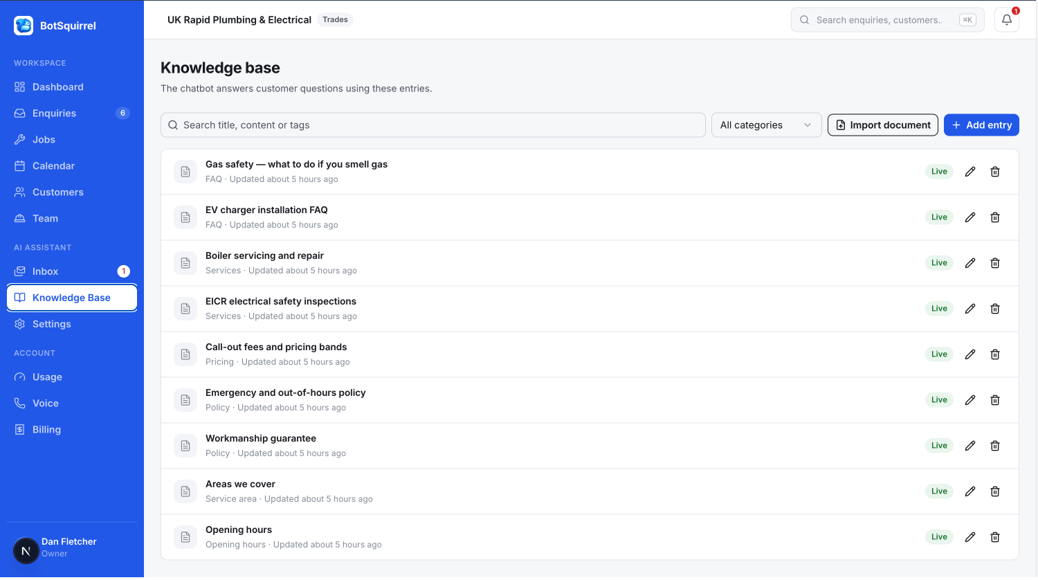 The BotSquirrel knowledge base: approved entries for gas safety, boiler servicing, call-out fees, policies and opening hours that the chatbot answers from